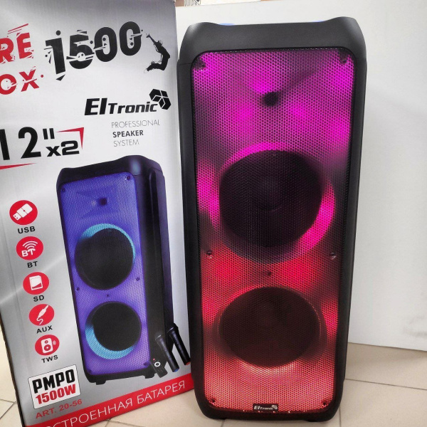 Беспроводная портативная bluetooth колонка Eltronic FIRE BOX 1500 Watts BASS BOOSTER арт. 20-56 с двумя беспроводными микрофонами, LED-подсветкой и RGB светомузыкой, пультом дистанционного управления